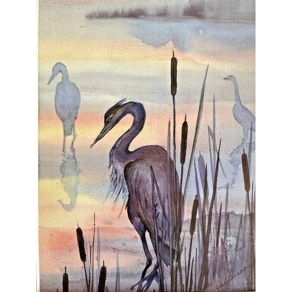 Val Persoon Signed "Watcher" Repro Watercolor Crane Birds Art Print Matted